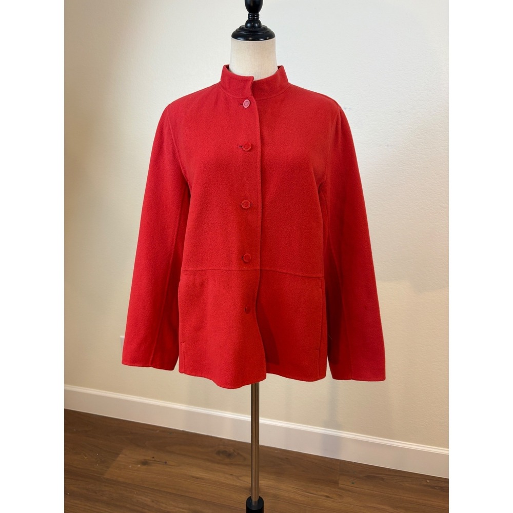 Eileen Fisher Wool Cashmere Jacket Women M Red Mock Neck Button Front Minimalist